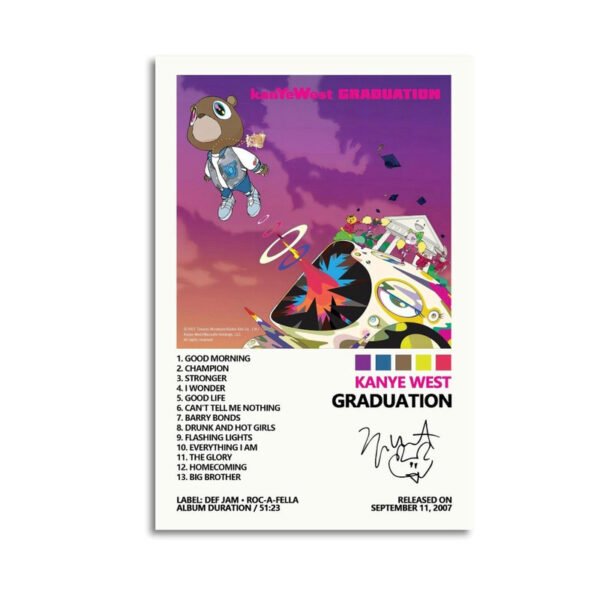 Kanye West Graduation album poster featuring Dropout Bear character by Takashi Murakami with complete track listing and album details