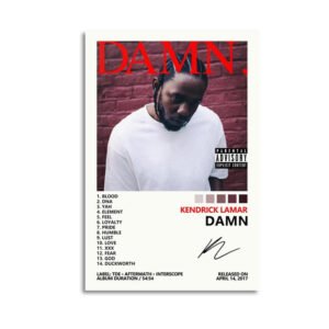 Kendrick Lamar DAMN album canvas print with complete track listing and white frame