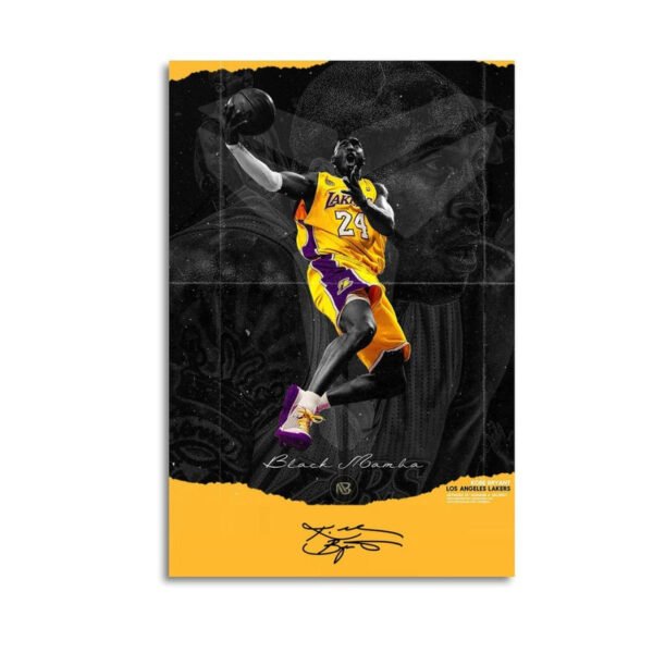 Kobe Bryant Black Mamba canvas wall art featuring dynamic dunk pose in Lakers jersey #24 with selective color design
