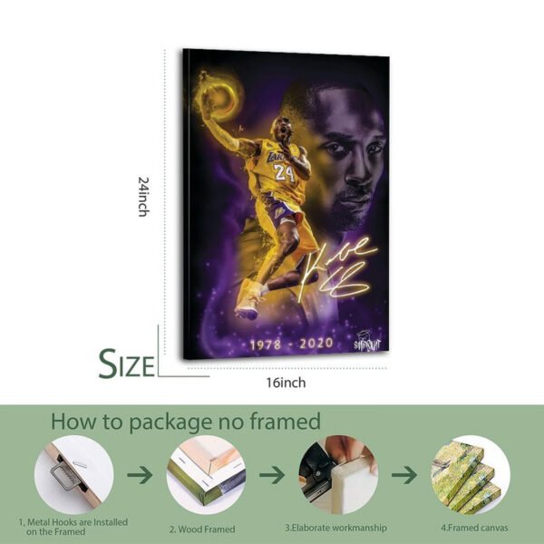 16x24 inch Kobe Bryant framed canvas art with wood frame and professional packaging