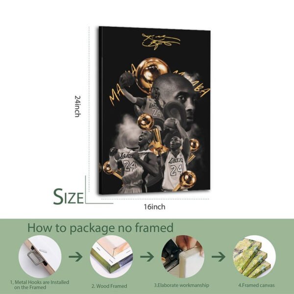 Framed Kobe Bryant memorial canvas print 16x24 inches with championship trophies and packaging process guide showing metal hooks and wood frame installation