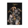Kobe Bryant memorial canvas art featuring Black Mamba in Lakers #24 jersey with championship trophies and golden signature overlay on black background