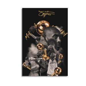 Kobe Bryant memorial canvas art featuring Black Mamba in Lakers #24 jersey with championship trophies and golden signature overlay on black background