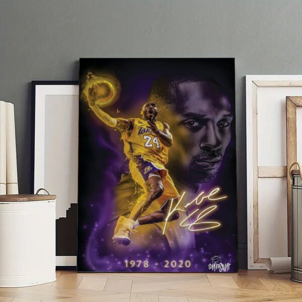 Kobe Bryant memorial wall art displayed in modern home interior with wooden floors and contemporary decor