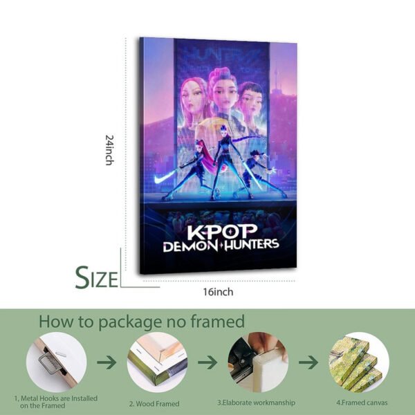 16x24 inch KPOP Demon Hunters canvas print with pre-installed metal hooks and professional packaging process