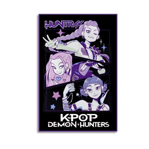 K-pop Demon Hunters framed anime poster featuring three purple-themed female characters in dynamic poses with modern typography and star decorations.