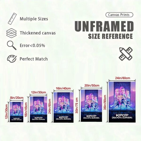 KPOP Demon Hunters canvas print size reference chart showing 5 different unframed dimensions from 8x12 to 24x36 inches