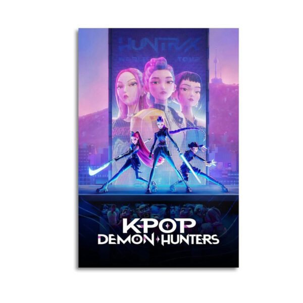 KPOP Demon Hunters poster featuring three female warriors in cyberpunk cityscape with futuristic weapons