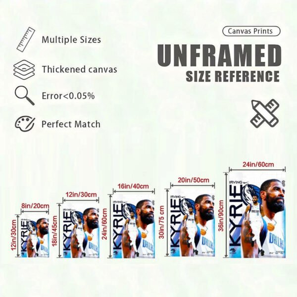 Kyrie Irving canvas print size reference chart showing 5 dimensions from 8in to 24in with quality specifications