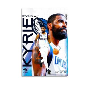 Kyrie Irving Dallas Mavericks canvas print featuring 2023-24 season statistics 25.6 PPG 5.0 APG 5.2 RPG with team logo and dynamic player poses