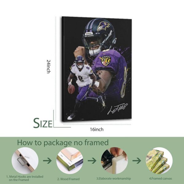 Lamar Jackson Ravens canvas framing process showing 16x24 inch print with metal hooks, wood frame, and professional packaging steps