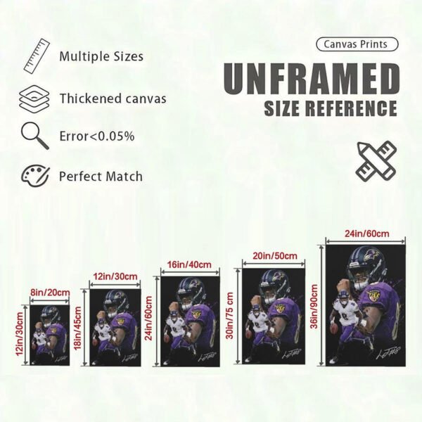 Lamar Jackson Ravens canvas print size chart showing 5 dimensions from 8x12 to 24x36 inches with quality specifications