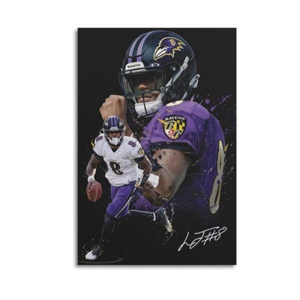 Lamar Jackson Baltimore Ravens canvas wall art featuring dynamic quarterback portrait and action pose with team colors and artistic effects