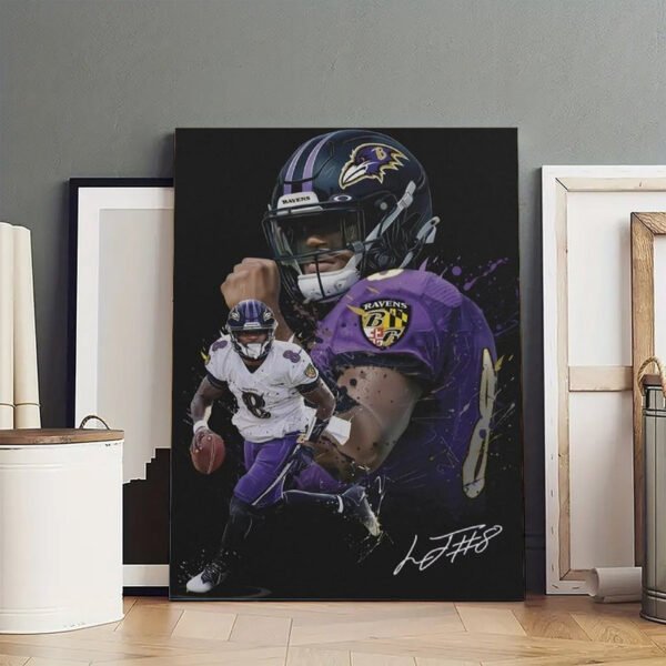 Lamar Jackson signed Baltimore Ravens canvas print with LJ#8 autograph featuring quarterback in purple uniform and helmet portrait