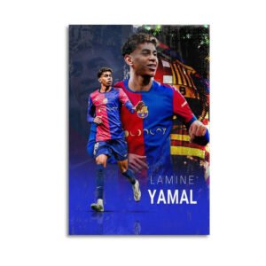 Lamine Yamal Barcelona canvas wall art featuring dynamic dual poses in Blaugrana jersey with Camp Nou stadium background