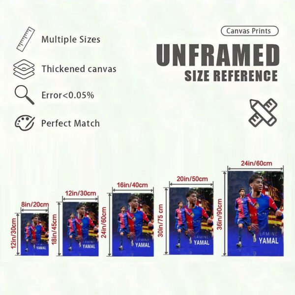 Lamine Yamal Barcelona canvas print size reference chart showing five unframed dimensions from 8x12 to 24x36 inches