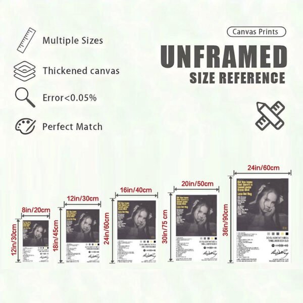 Lana Del Rey canvas print size reference chart showing multiple dimensions from 8in to 24in with quality specifications