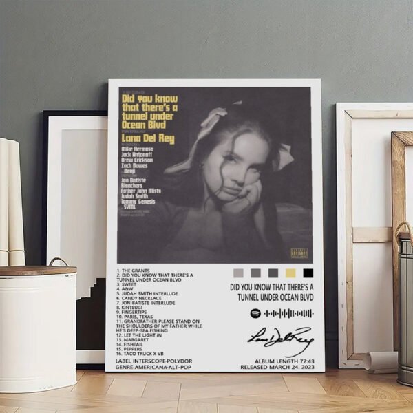 Lana Del Rey "Did You Know That There's a Tunnel Under Ocean Blvd" album poster with complete track listing.