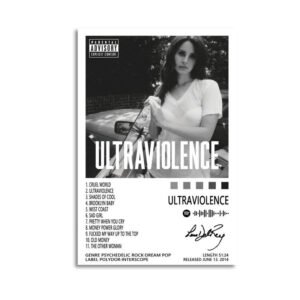 Lana Del Rey Ultraviolence album poster featuring black and white cover art, complete 11-track listing, Spotify audio code, and album details from 2014 psychedelic rock release.