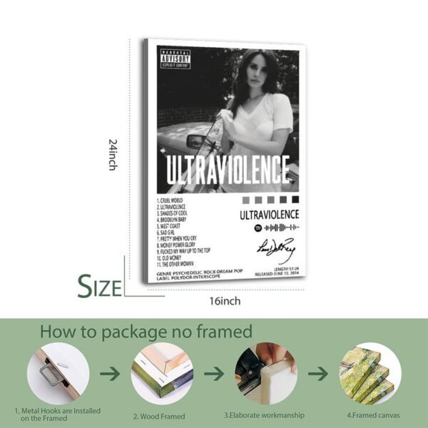 Lana Del Rey Ultraviolence album poster with complete track listing available in 16 and 24 inch sizes, showing professional packaging process for unframed canvas prints including metal hooks and wood framing options.