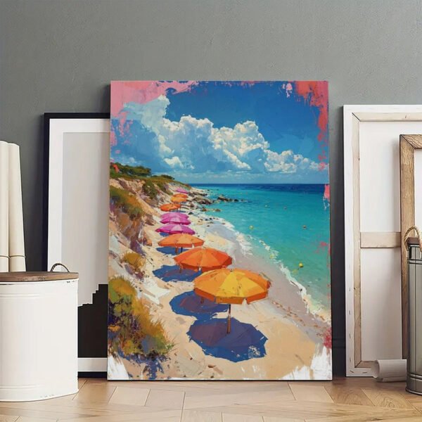 Large Mediterranean beach canvas print with colorful umbrellas displayed in modern living room interior showing home decor styling