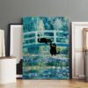 Large canvas artwork featuring black cats on Japanese bridge in impressionist style displayed in art studio with frames.