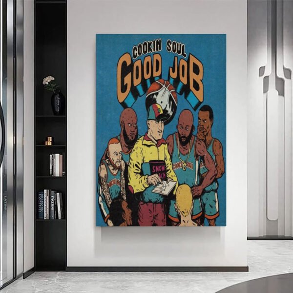 Large hip-hop canvas wall art displayed in modern luxury interior with contemporary furniture and minimalist design aesthetic.