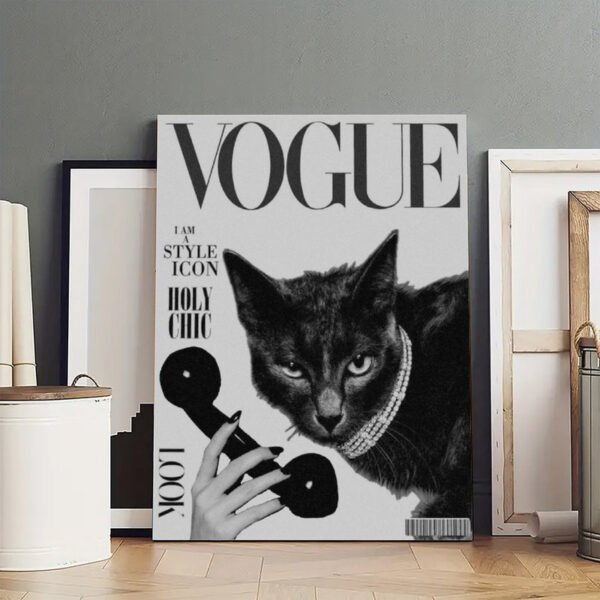 Large cat Vogue magazine parody artwork displayed as statement wall art in modern home interior with neutral decor.