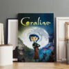 Large Coraline canvas print displayed in modern minimalist living room with wooden floors and white walls.