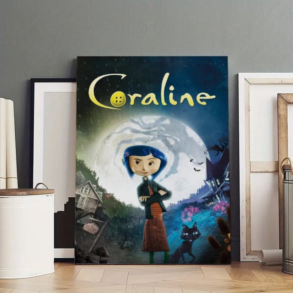 Large Coraline canvas print displayed in modern minimalist living room with wooden floors and white walls.