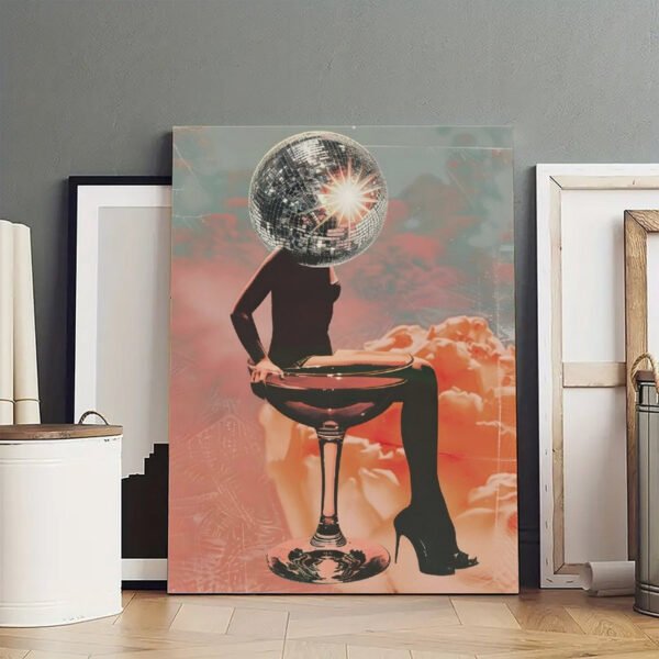 Large disco ball martini surreal canvas art displayed in modern artist studio setting.
