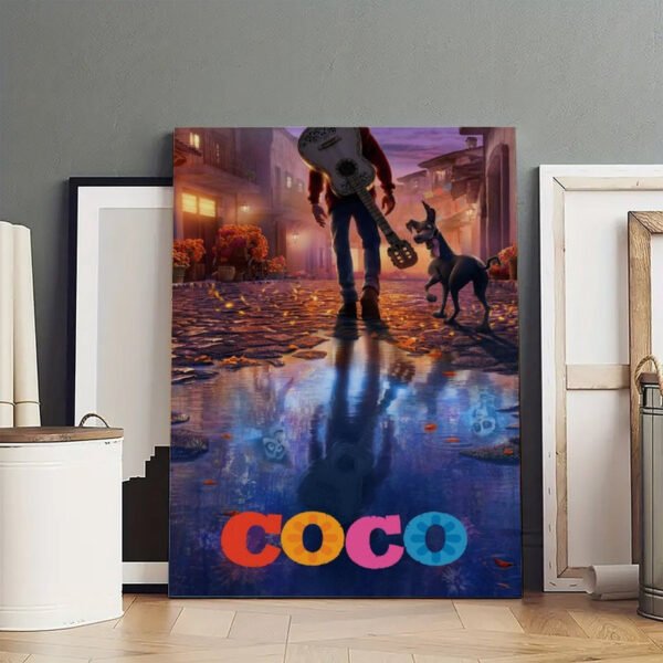 Large Disney Coco canvas print displayed in art studio showing premium quality and professional presentation with vibrant Land of the Dead scene featuring Miguel and Dante.