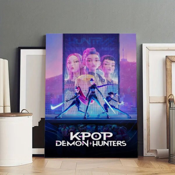 Large format KPOP Demon Hunters canvas print displayed in professional art studio setting