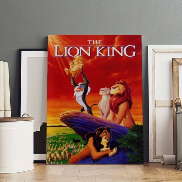 Large Lion King canvas print displayed in art studio showing premium Disney movie poster artwork with vibrant colors and professional quality finish.