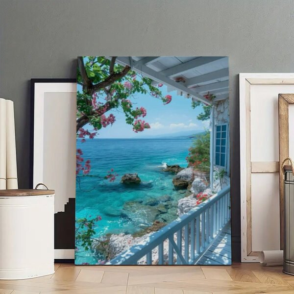 Large Mediterranean coastal canvas wall art print displayed in professional artist studio with premium quality finish