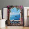Large Mediterranean terrace canvas art featuring stone archway, bougainvillea, ocean view with sailboat and white cat displayed in modern interior.
