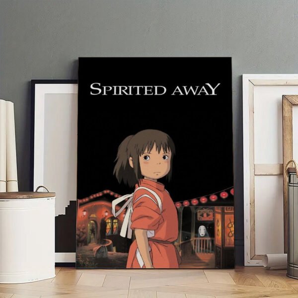 Large Spirited Away canvas print featuring Chihiro displayed in modern minimalist interior with white frames and wooden floors.