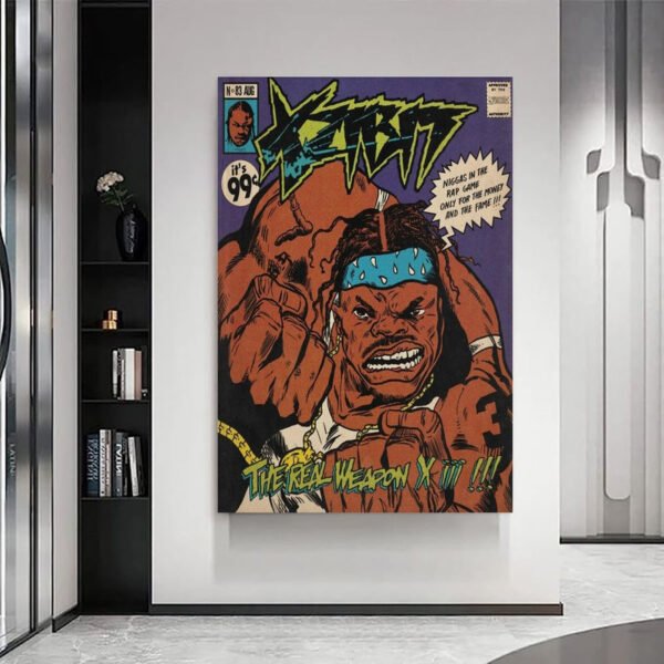 A large canvas print of a 90s-style comic book cover featuring rapper Xzibit, hung as statement art on a white wall in a modern, minimalist living room.