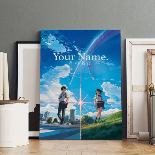 Large Your Name anime canvas print displayed in professional art studio with blank canvases, showcasing gallery-quality anime artwork.