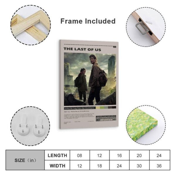 The Last of Us framed poster with frame included, showing multiple size options and hanging hardware details
