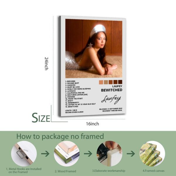 Laufey Bewitched album canvas print with track listing and unframed packaging installation guide
