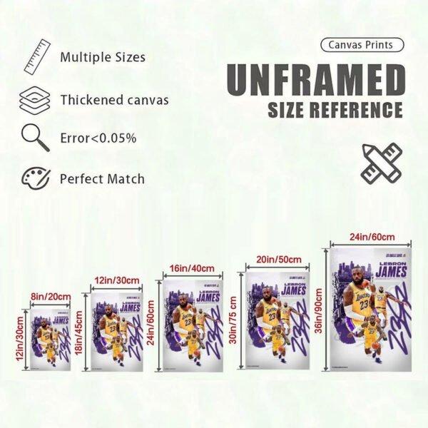 LeBron James canvas print size reference chart showing 5 different dimensions from 8x12 to 24x36 inches with quality specifications