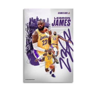 LeBron James Lakers poster featuring #23 jersey with Los Angeles skyline background and purple artistic splash effects
