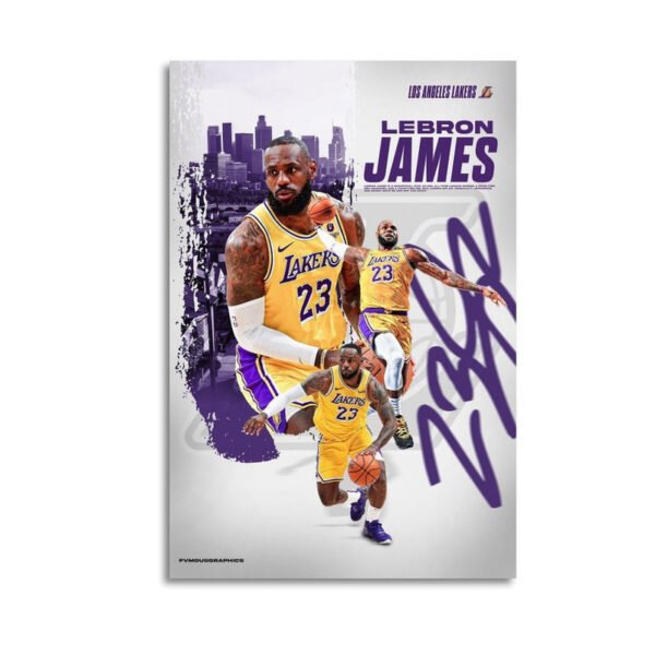 LeBron James Lakers poster featuring #23 jersey with Los Angeles skyline background and purple artistic splash effects