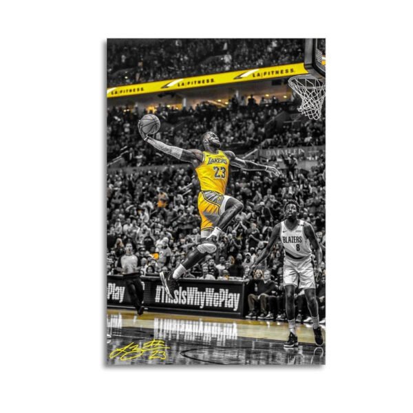 LeBron James Lakers #23 executing powerful dunk against Trail Blazers in selective color canvas print with dramatic arena atmosphere