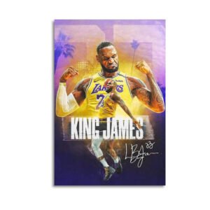 LeBron James Lakers King James poster featuring celebratory pose in purple and gold artwork