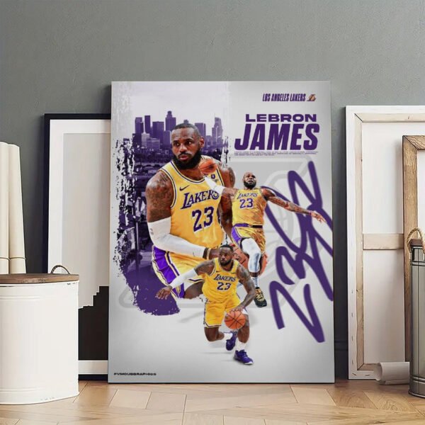 Premium LeBron James Lakers poster displayed in professional art studio with canvas frames and gallery lighting