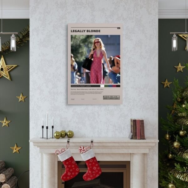 Legally Blonde movie poster displayed above white fireplace mantel with Christmas stockings, gold ornaments, and holiday decorations in elegant green and gold living room interior.