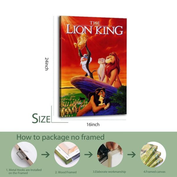 Lion King 16x24 inch unframed canvas print with step-by-step packaging and installation guide showing metal hooks, wood frame, and professional workmanship.