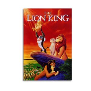 Classic Lion King movie poster canvas featuring Rafiki presenting Simba with Mufasa, Nala and Scar on Pride Rock during African sunset scene.